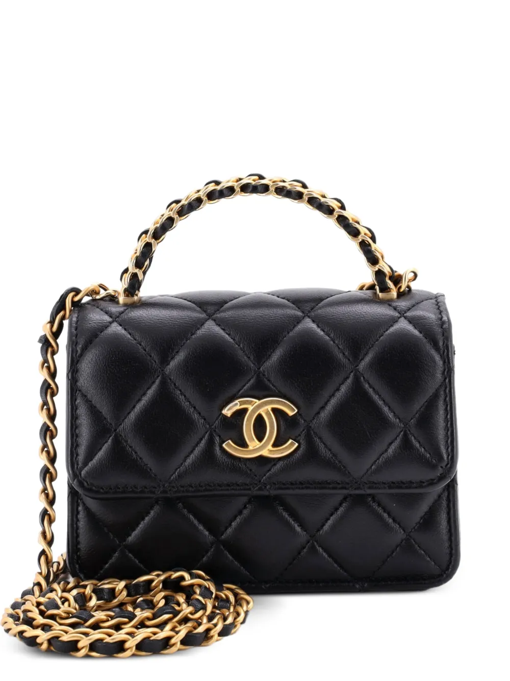CHANEL Pre-Owned Woven Top Handle CC Flap Clutch on Chain Quilted Lambskin Small satchel - Black