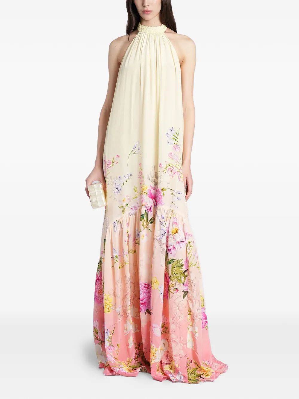 Hemant And Nandita floral-print braided-halterneck maxi dress - Nude