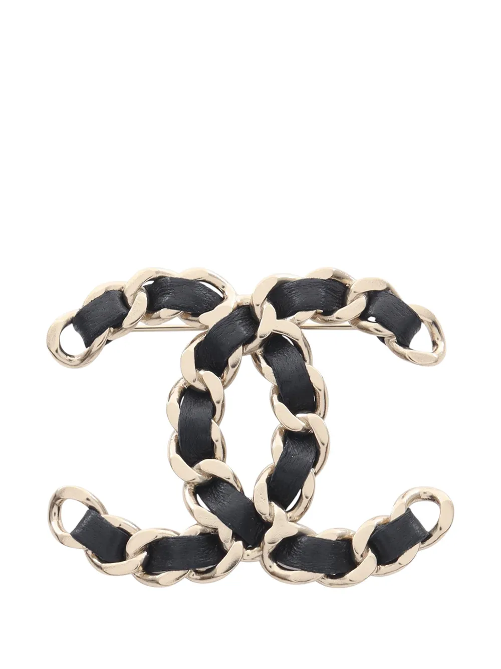 CHANEL Pre-Owned 2016 CC Leather Woven and Gold Plated Chain Brooch costume brooch - Black