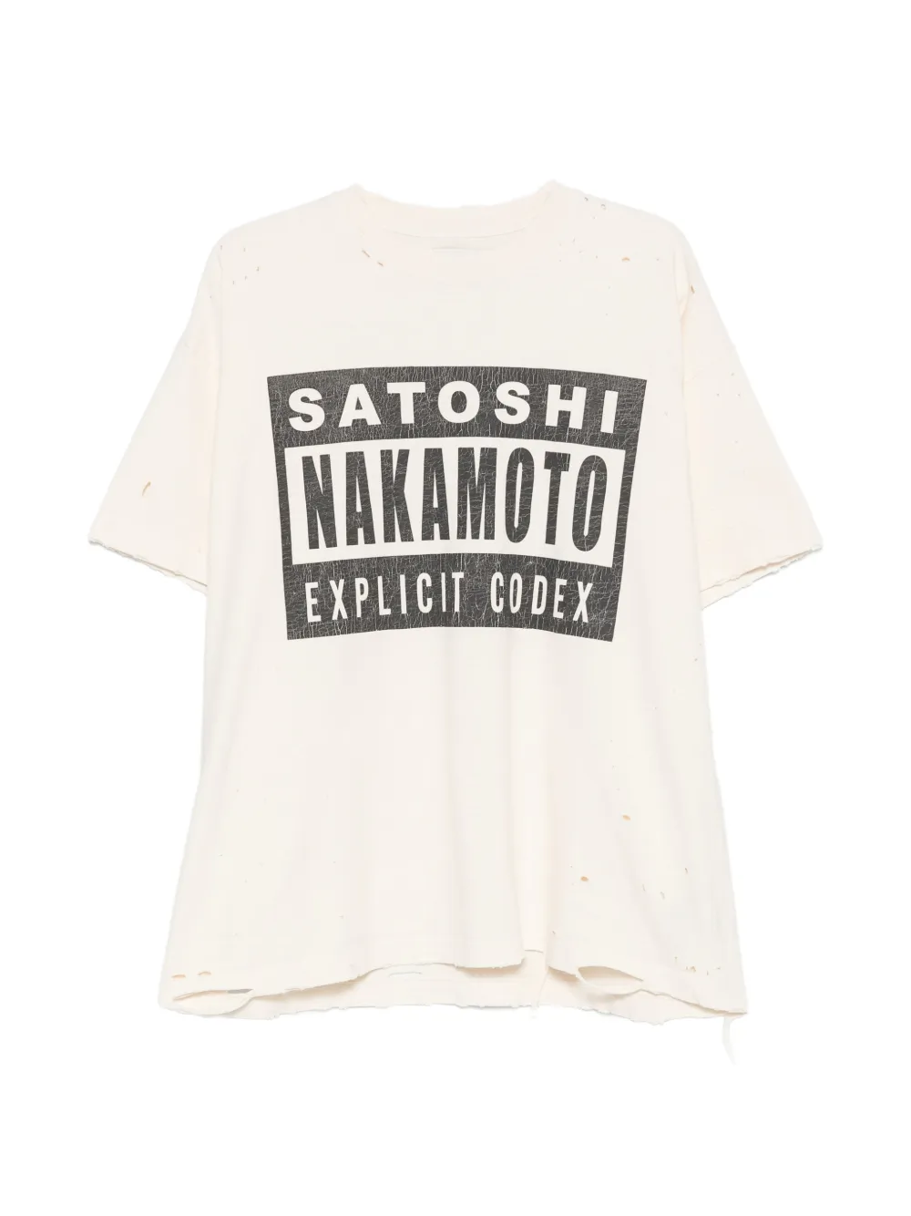SATOSHI NAKAMOTO logo-print distressed T-shirt - Toni neutri