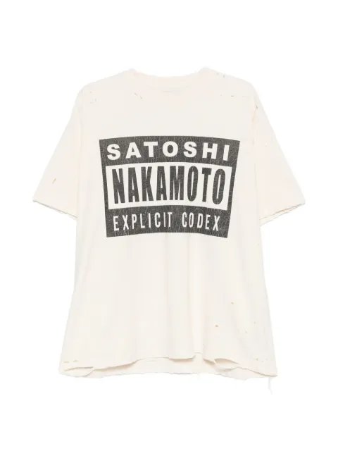 SATOSHI NAKAMOTO logo-print distressed T-shirt