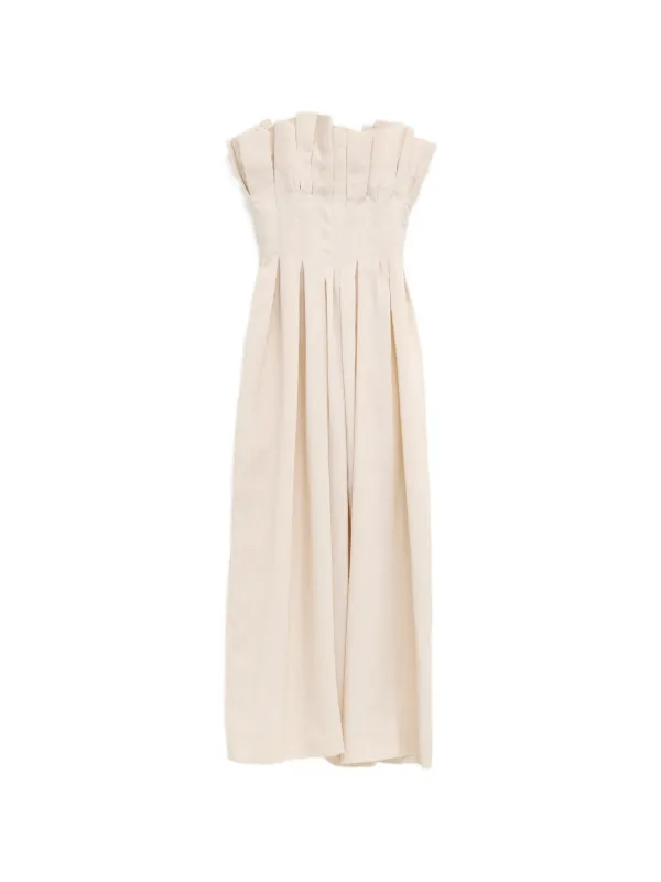 Khaite Pleated Strapless Midi Dress in Neutrals