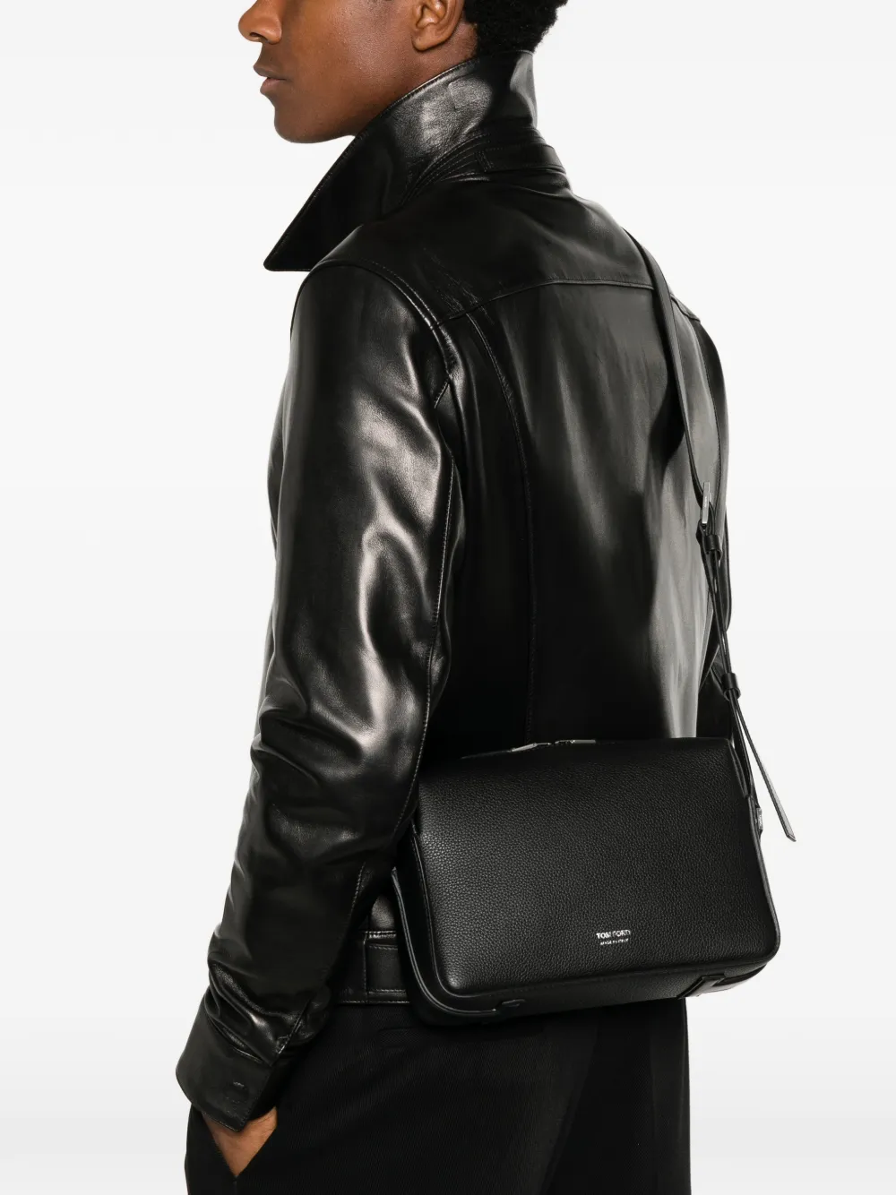TOM FORD Messengertas van bewerkt leer met logoprint Zwart