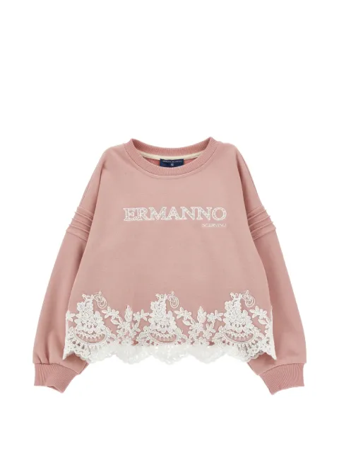 Ermanno Scervino Junior lace-trim logo-embroidered hoodie