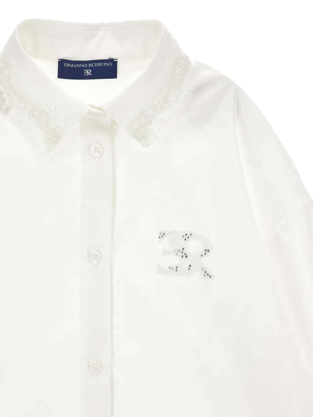 Ermanno Scervino Junior Blouse met afwerking van kant verfraaid met kristallen Wit