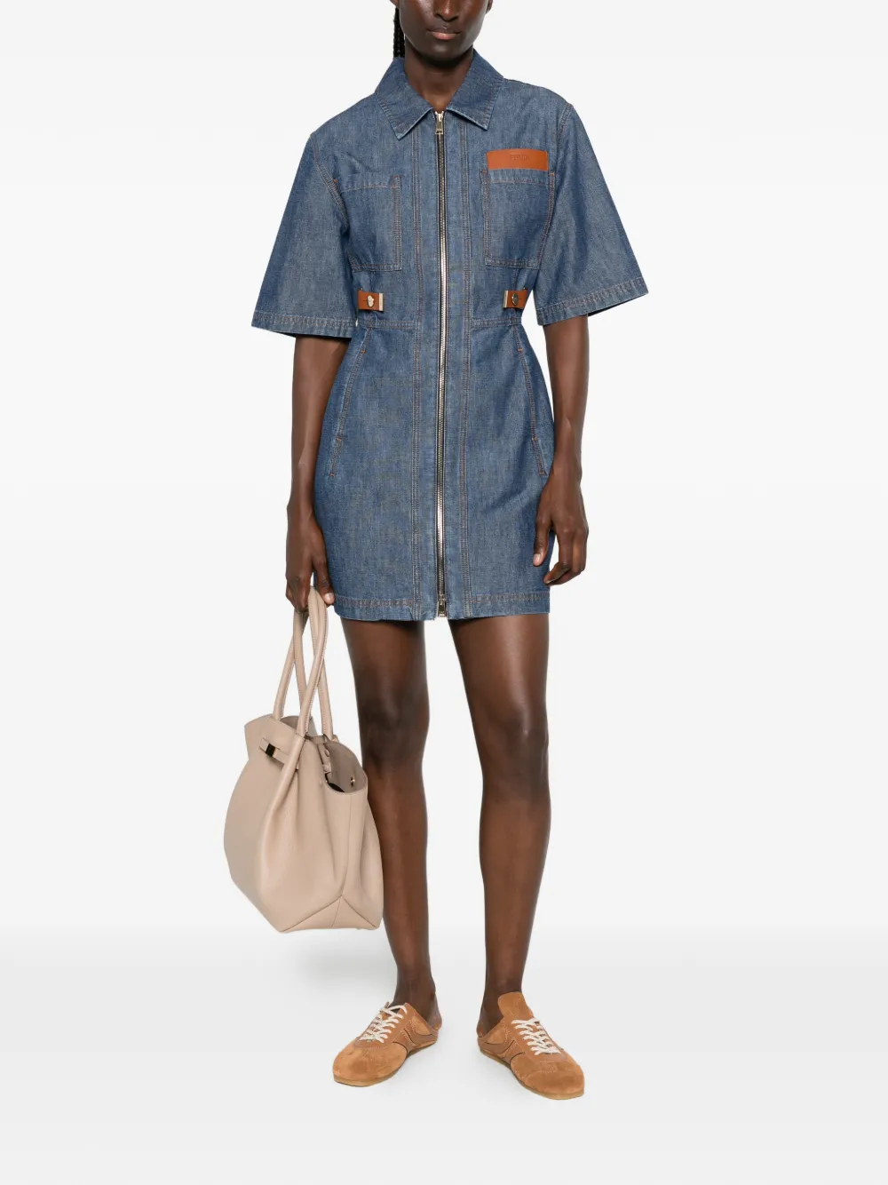FENDI Jurk met rits en leren afwerking Blauw