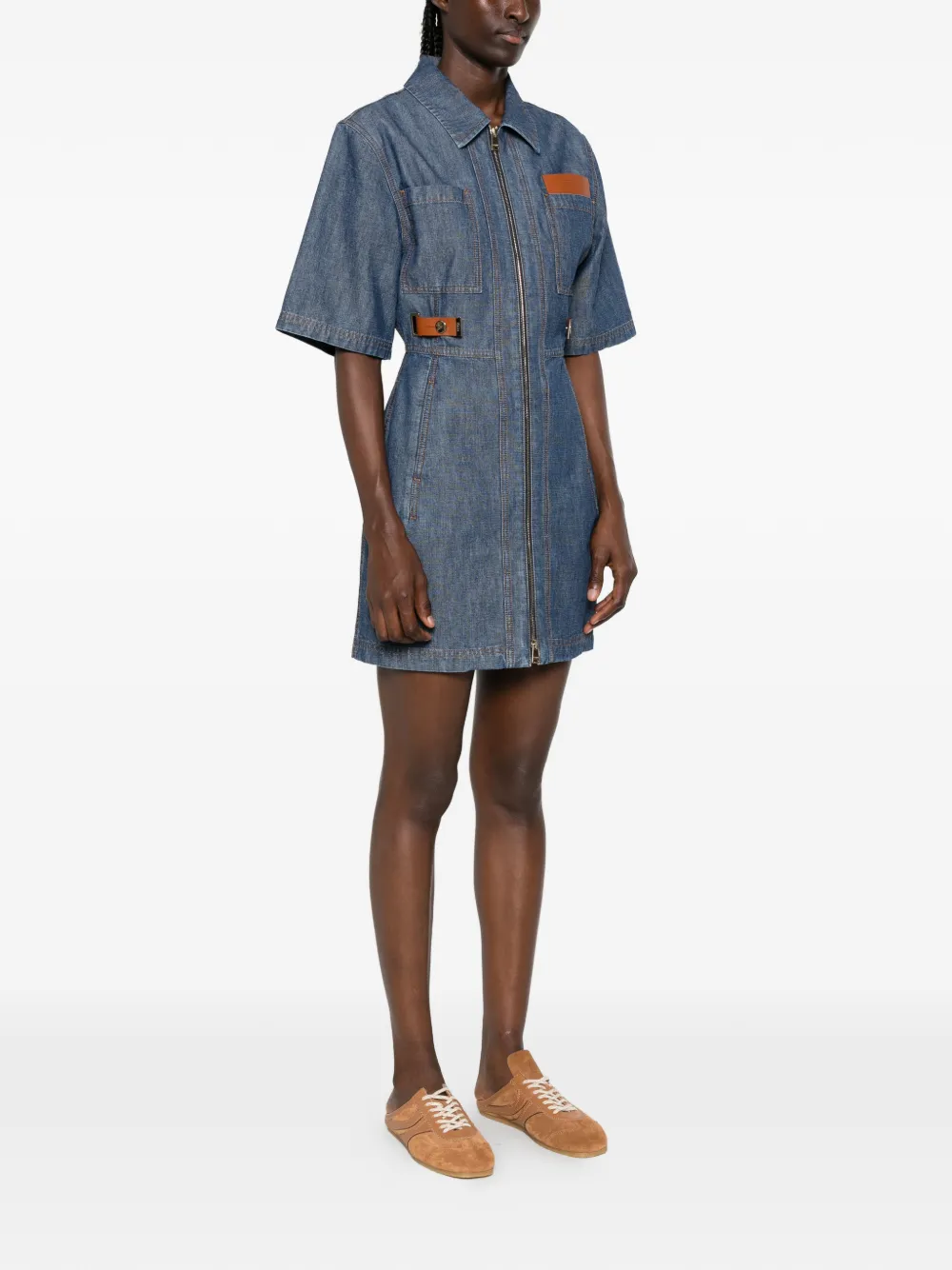 FENDI Jurk met rits en leren afwerking Blauw