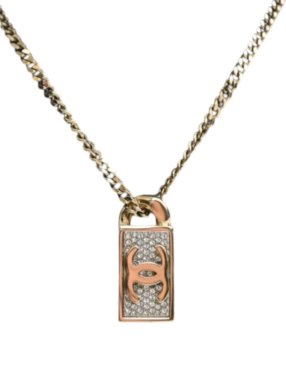 CHANEL Pre-Owned 2021 CC Brass and Strass Dog Tag Pendant Necklace costume necklace - Gold