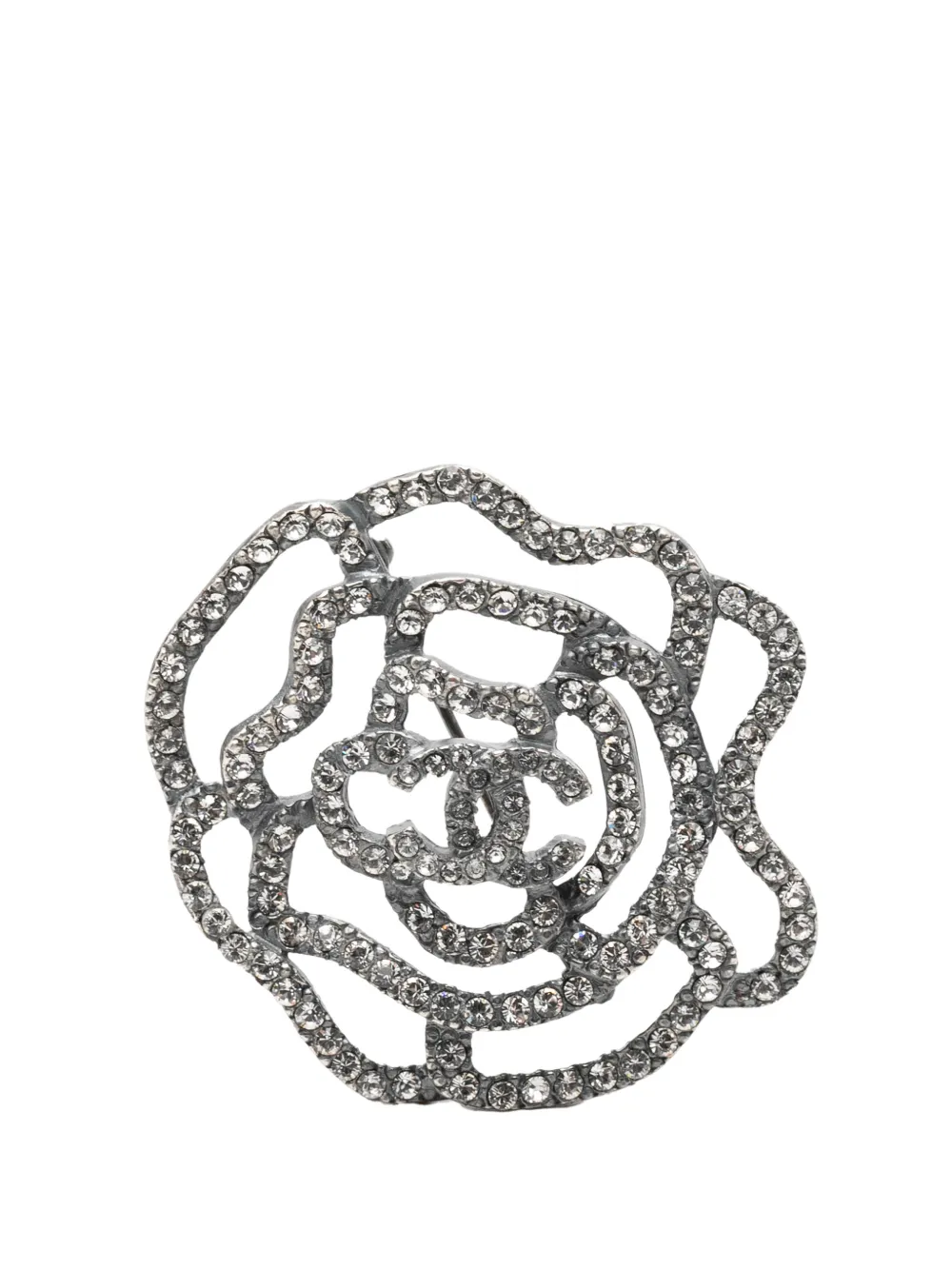 CHANEL Pre-Owned 2000 Brass and Strass Camelia Pin Brooch costume brooch - Argento