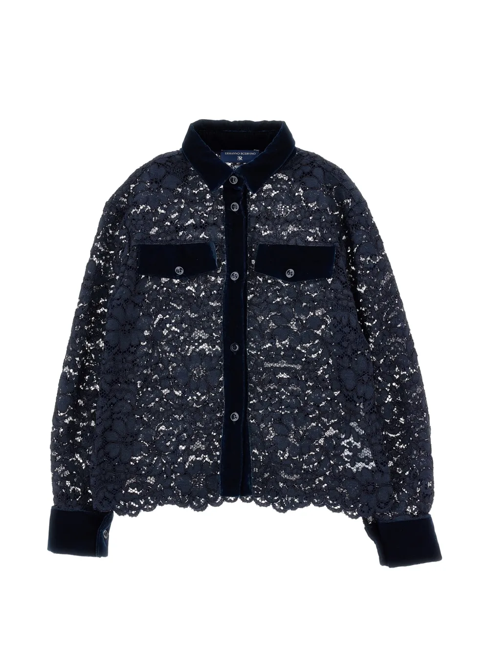 Ermanno Scervino Junior Hemd aus Blumenspitze mit Samtbesatz - Blau