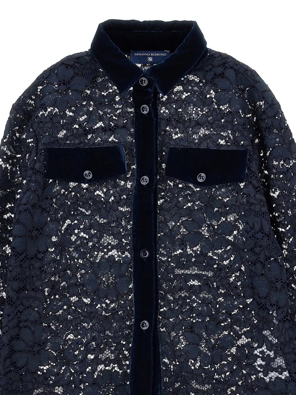 Ermanno Scervino Junior Blouse met fluwelen afwerking en bloemenkant Blauw