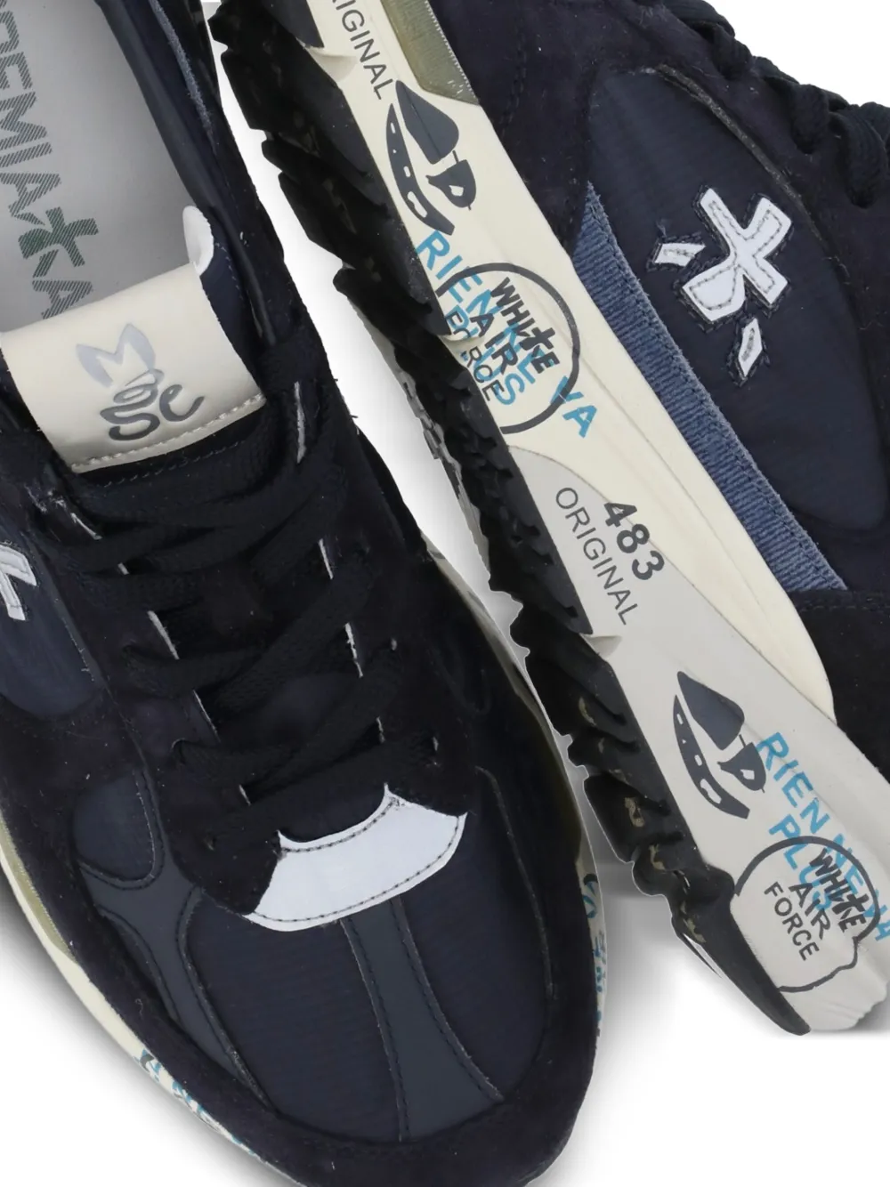Premiata Mase logo-patch panelled sneakers Blauw