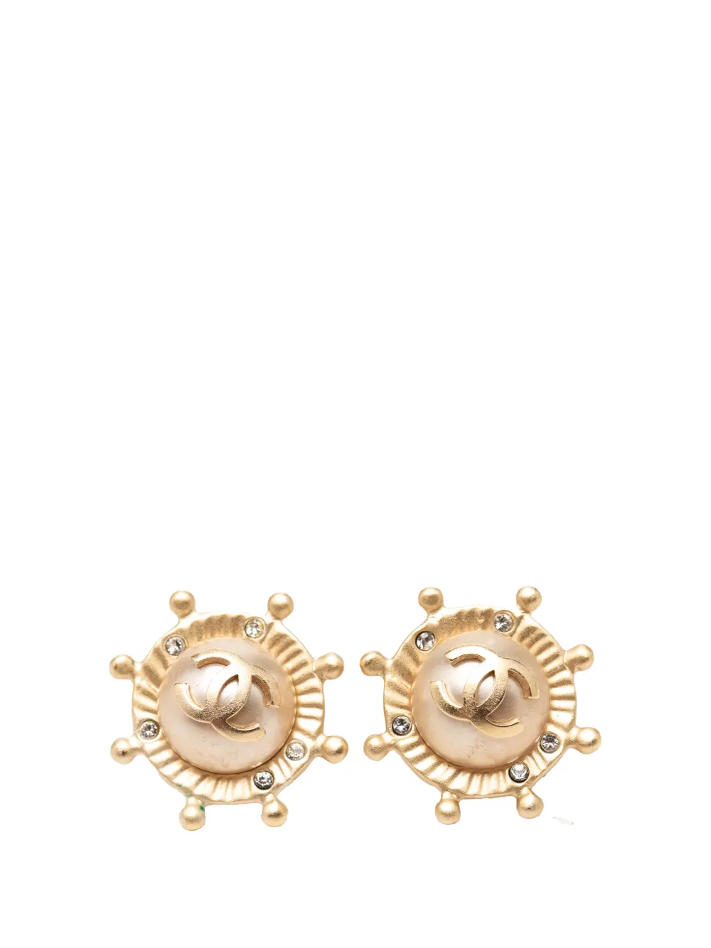 CHANEL Pre-Owned 2005 CC Gold Plated Faux Pearl and Strass Ships Wheel Push Back Earrings costume earrings
