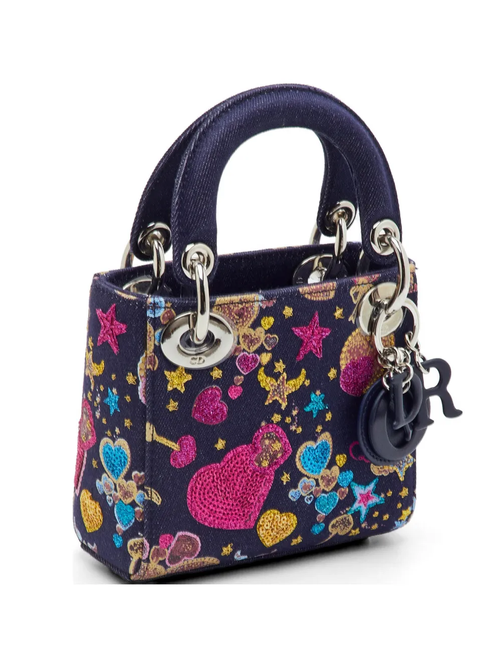 Christian Dior Pre-Owned 2018 micro Lady Dior heart-embroidered tote bag - Blue