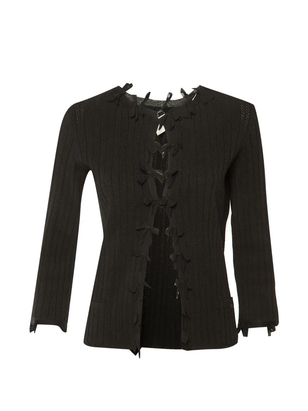 CHANEL Pre-Owned bow-detail ribbed cardigan - Schwarz