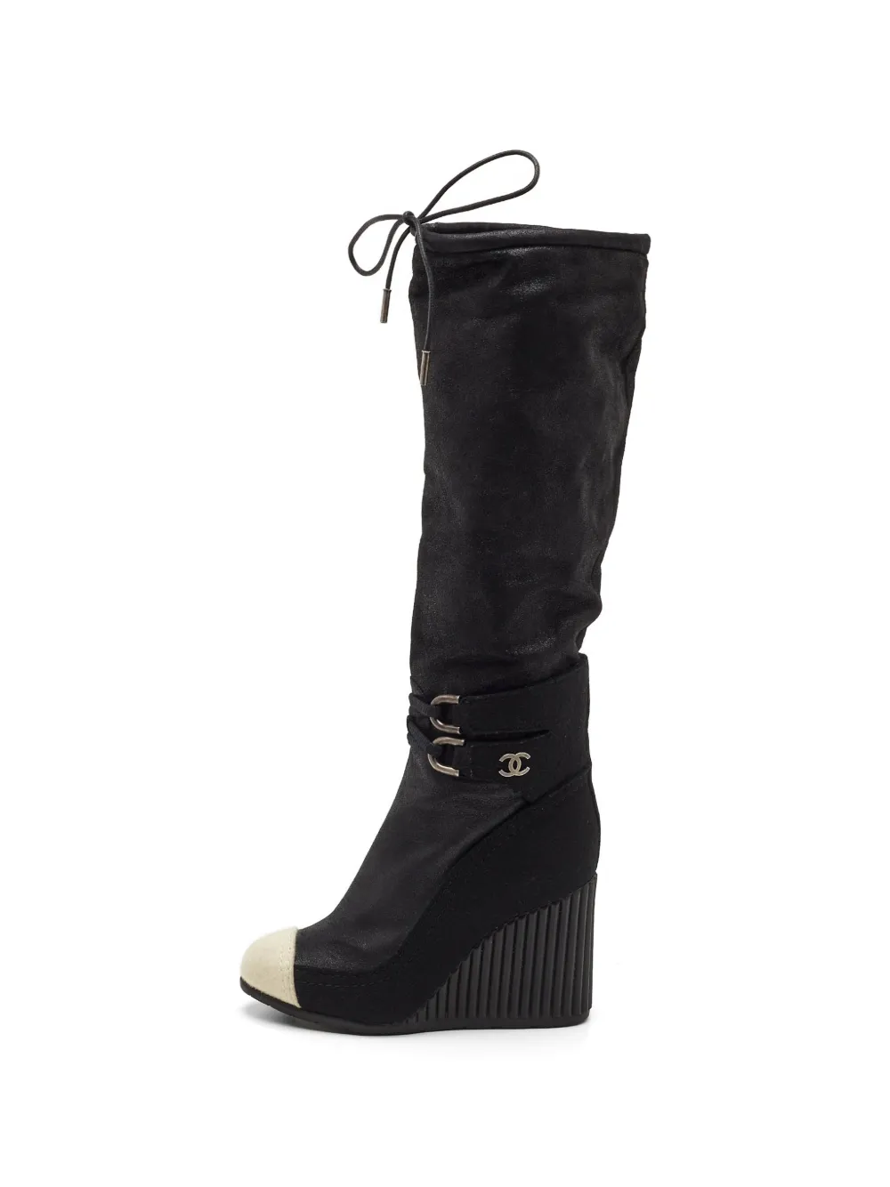 CHANEL Pre-Owned CC buckle-detail wedge knee-length boots - Black