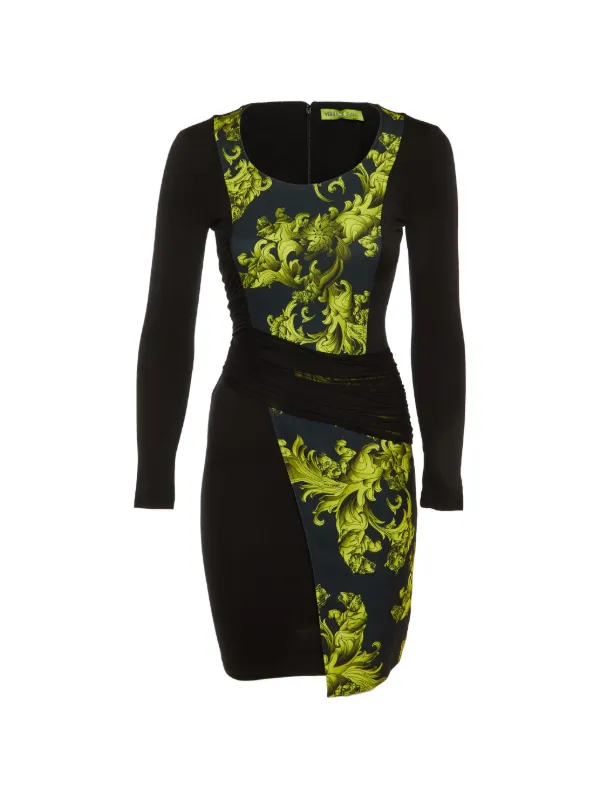versace print bodycon dress Jeans Couture Baroque-print ruched-detail Mini | Black Roundneck Long sleeves Shoulder Indianwear Bridalwear Asianwear Designerwear Pakistaniwear in ALESBURY Women's Ruffle Maxi Slip Dress Size:10