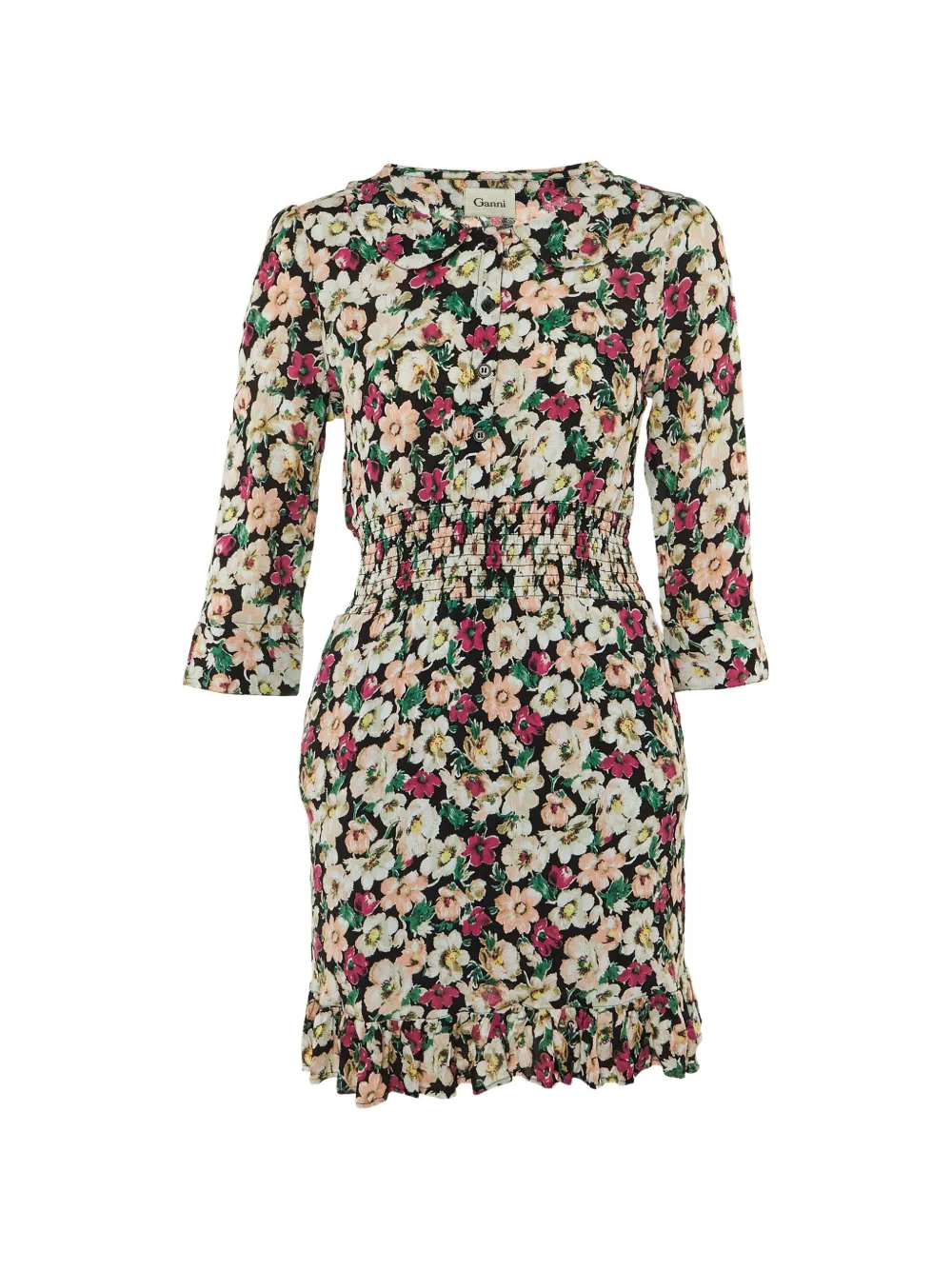 Pre-owned Ganni Floral-print Flounce-hem Dress In Black