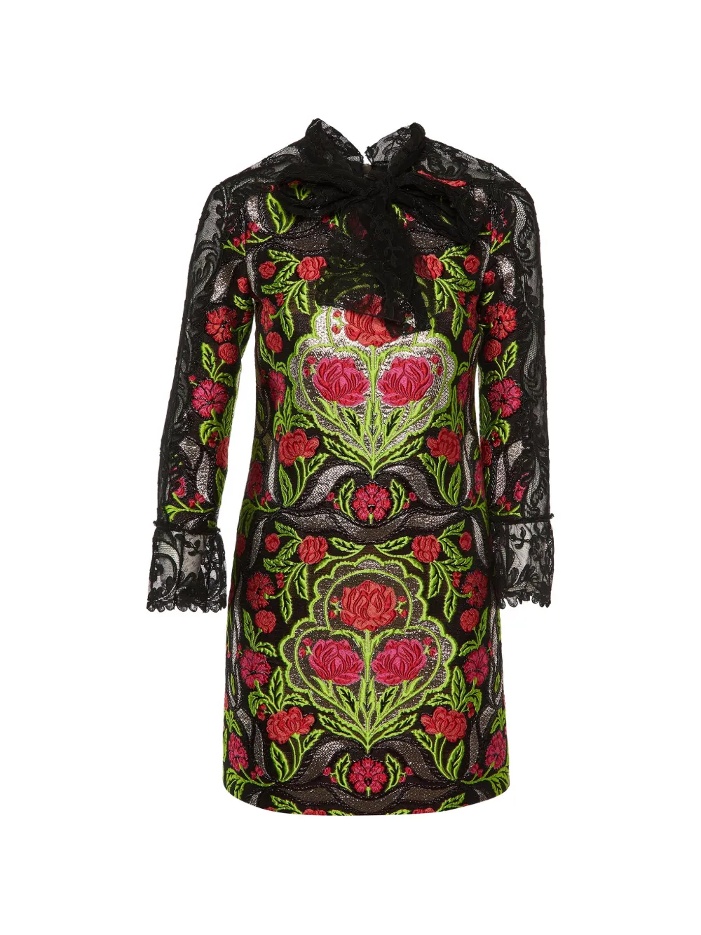 Gucci Pre-Owned floral-jacquard lace-trim mini dress - Nero
