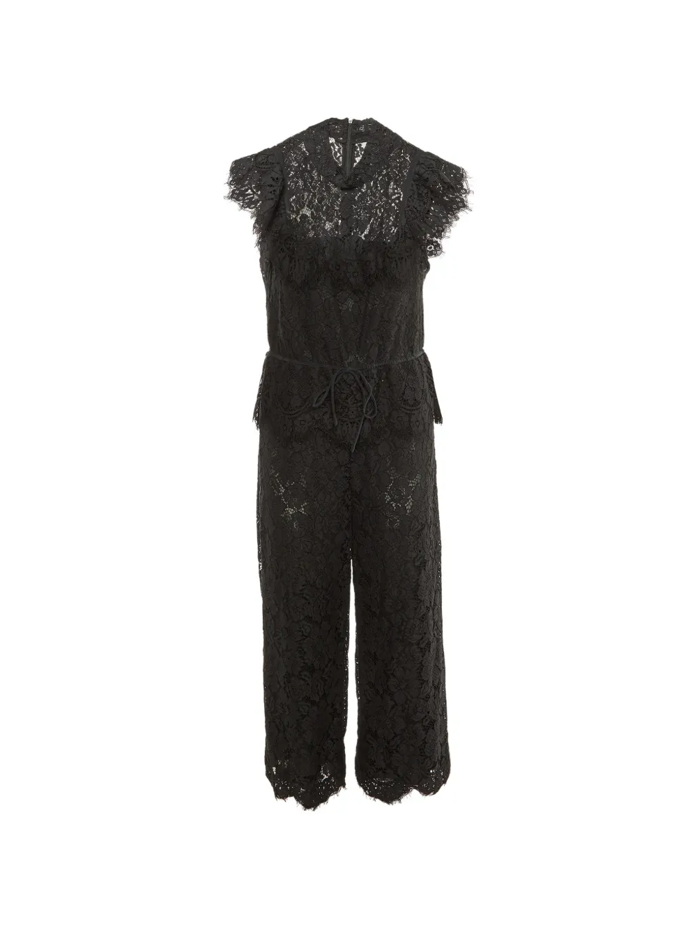 Pre-owned Ganni Ruffle-trim Lace Jumpsuit In Black