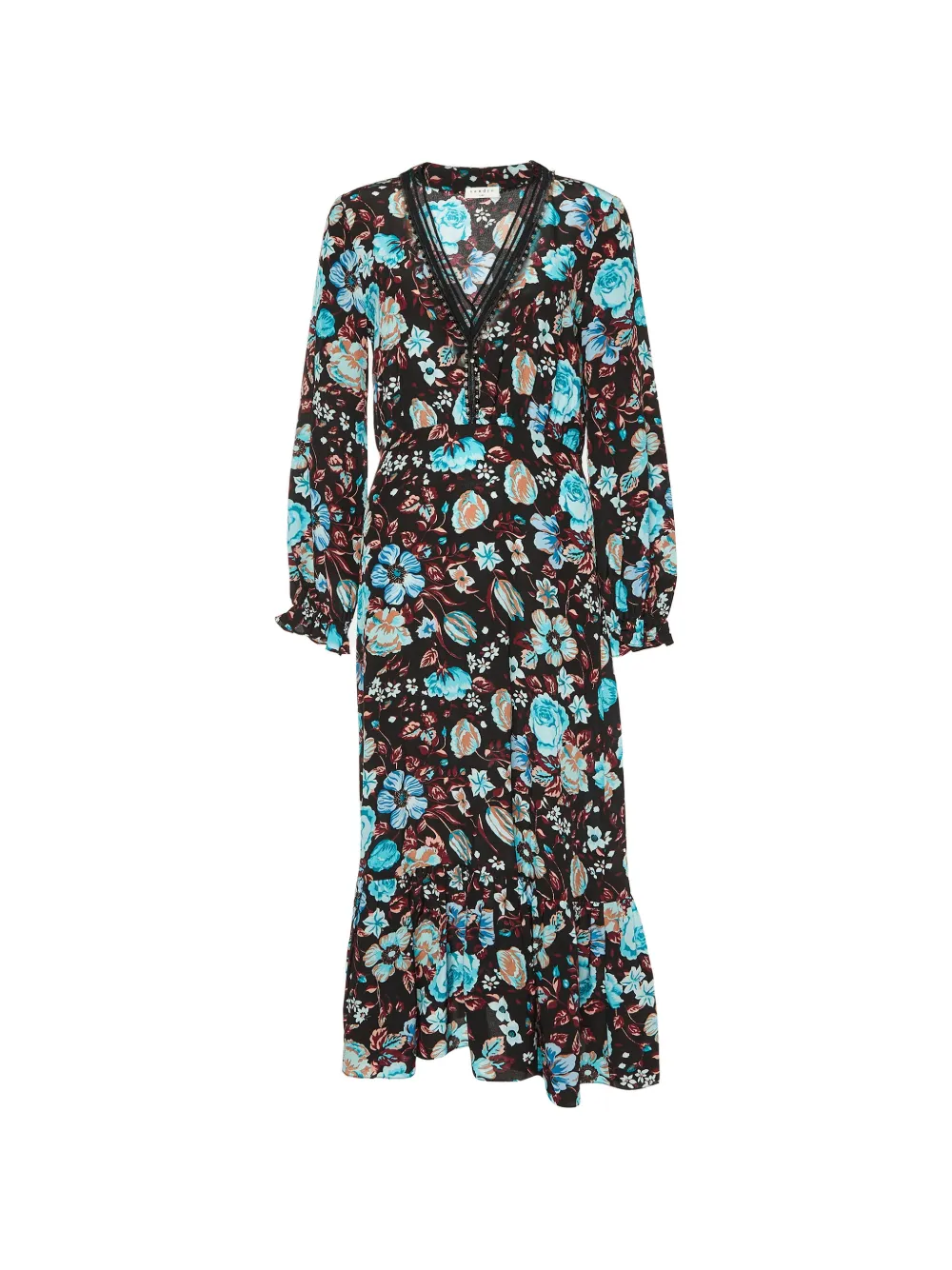 SANDRO floral-print ruffled midi dress - Nero