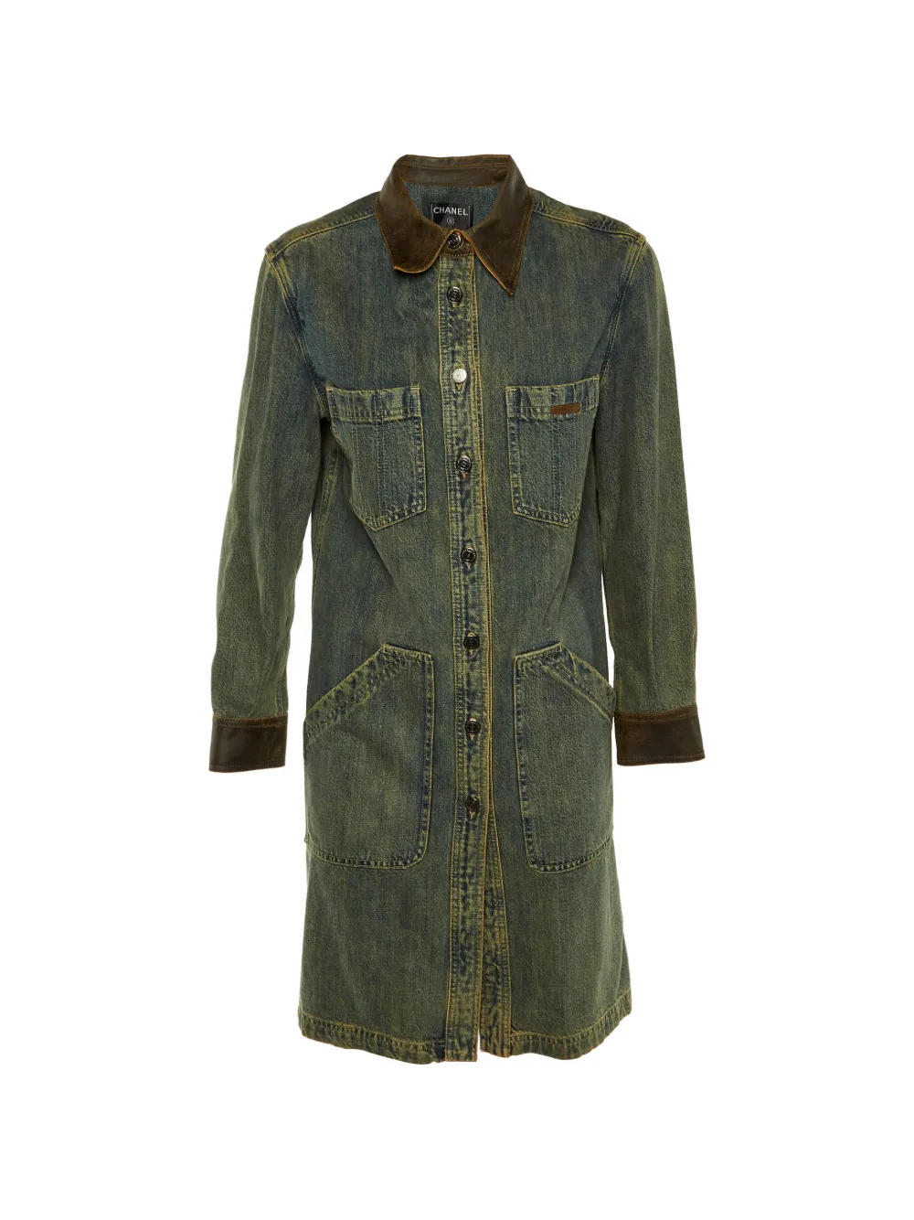 CHANEL Pre-Owned leather-collar denim coat - Blue