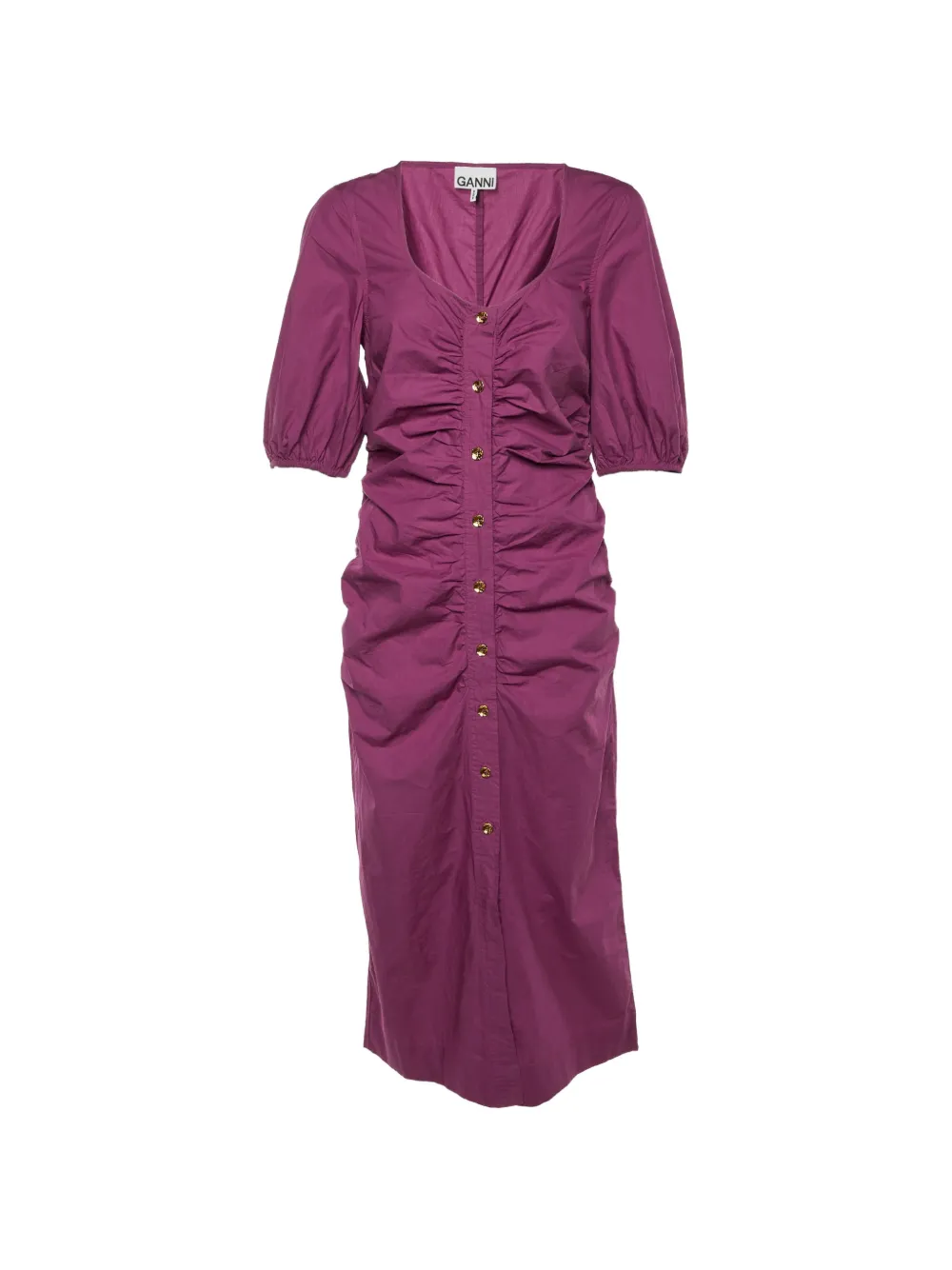 Pre-owned Ganni Ruched Button-front Midi Dress In Purple