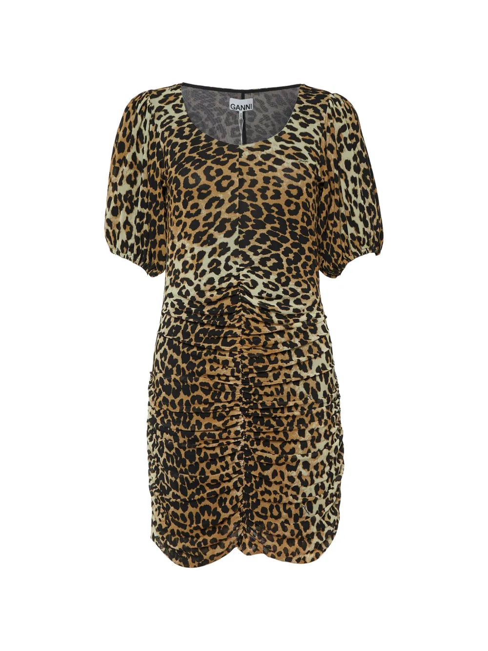 Pre-owned Ganni Animal-print Ruched Mini Dress In Neutral