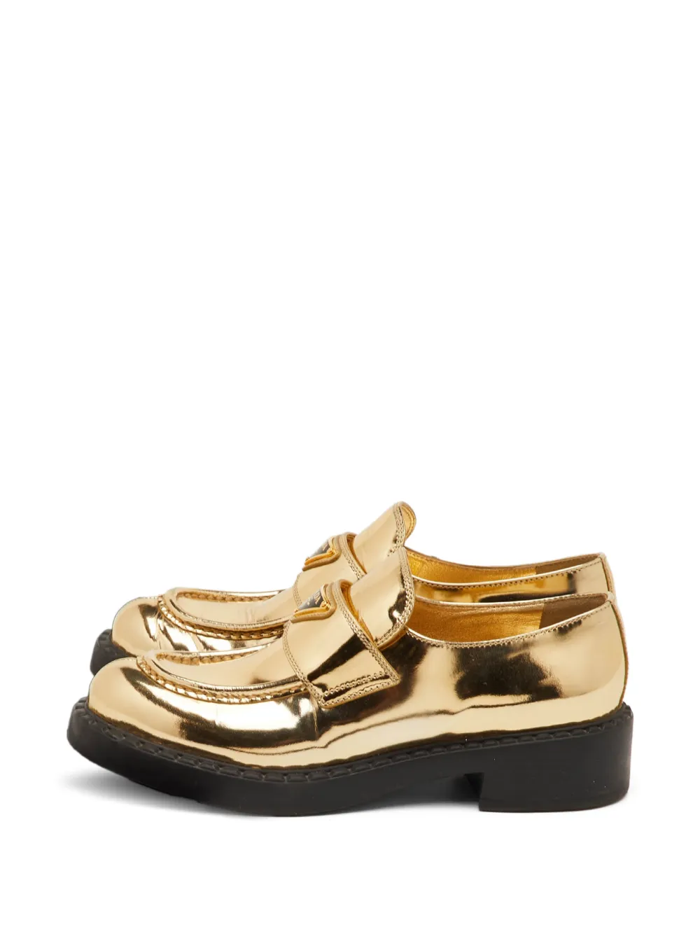Pre-owned Prada Triangle-logo Patent Leather Loafers In Gold