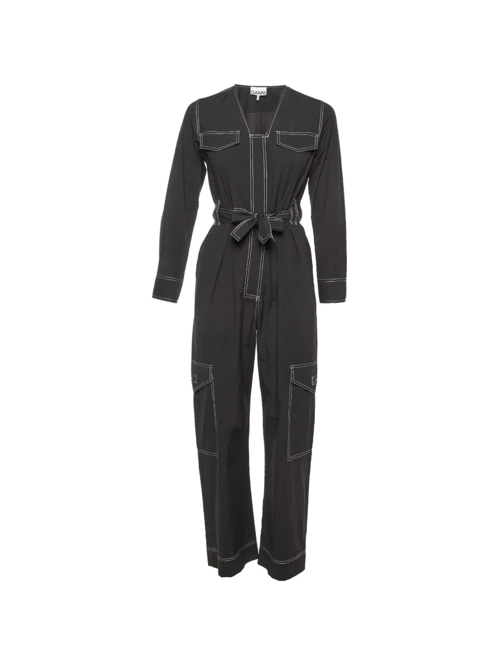 GANNI belted contrast-stitch jumpsuit - Nero