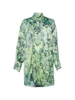 ganni island green dress Crinkled Satin Printed Half Zip Mini Margarita Size 38 Coachella-2026