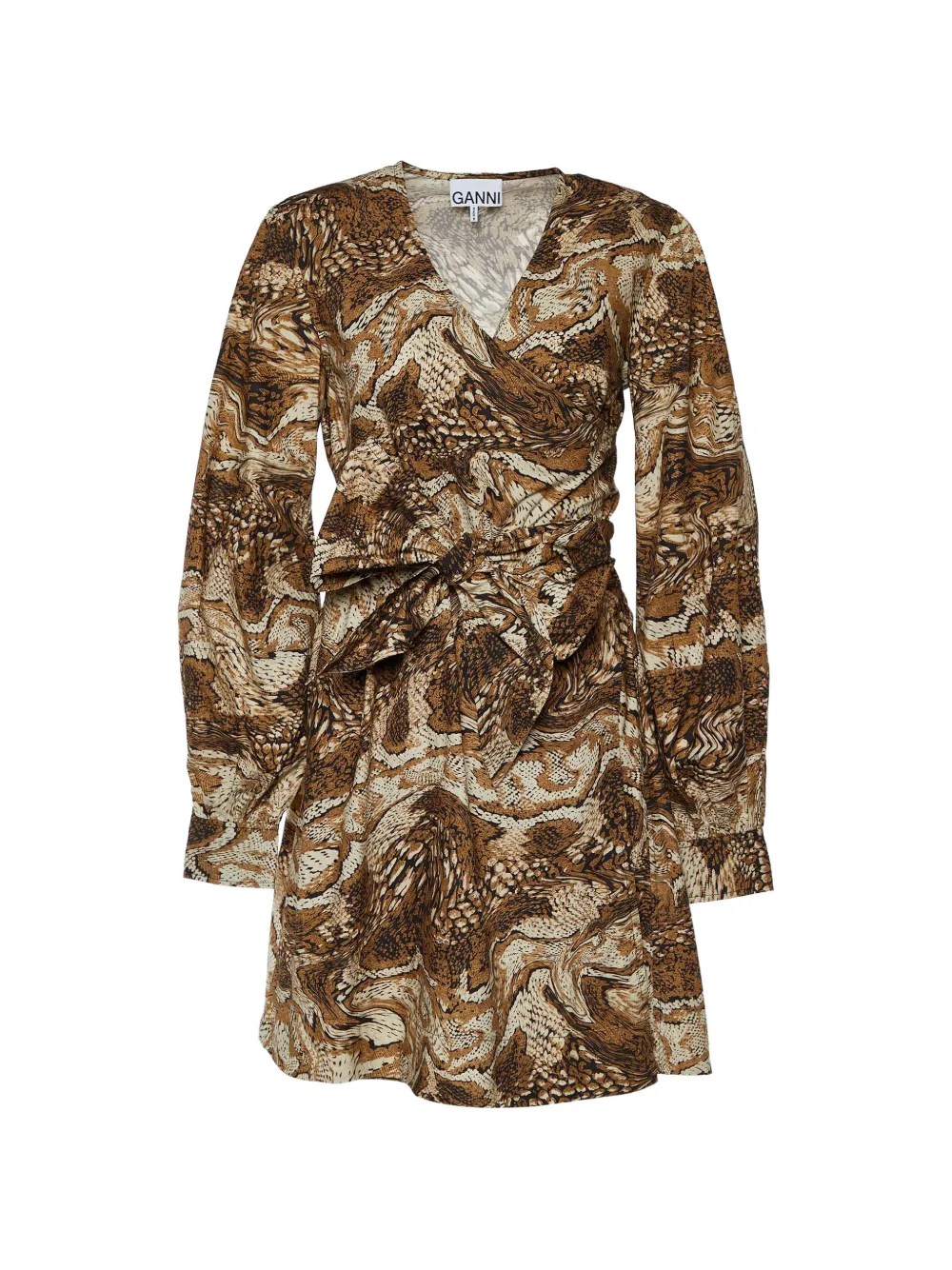 Pre-owned Ganni Abstract-print Wrap Dress In Brown