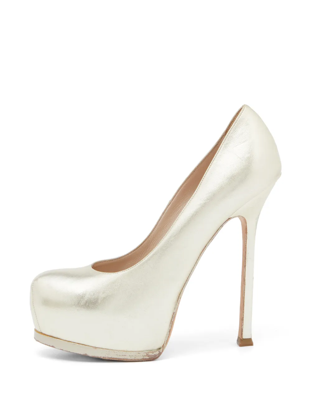 Pre-owned Saint Laurent Tribtoo Platform Pumps In Gold