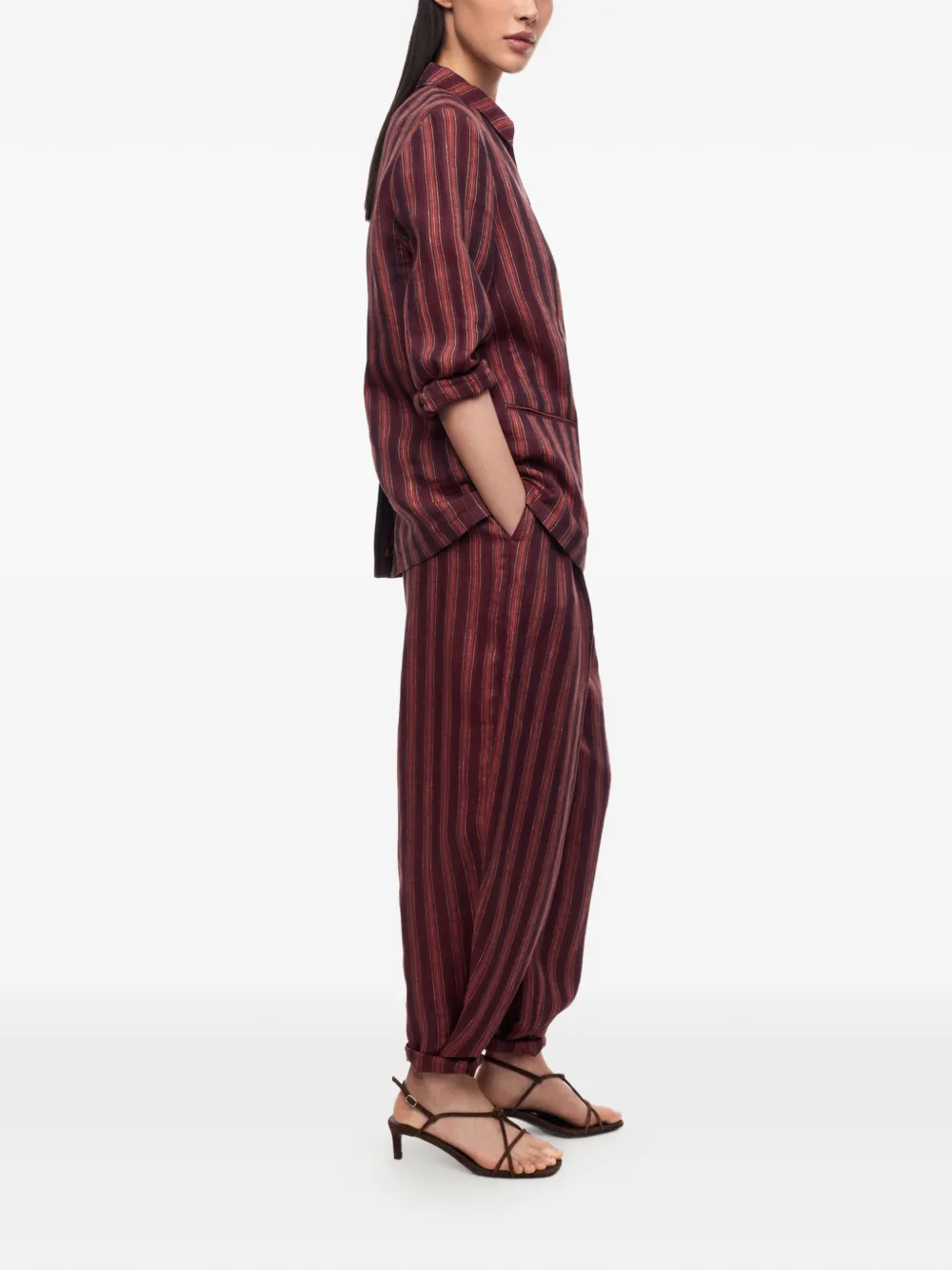12 STOREEZ Sorbet gestreepte linnen broek Rood