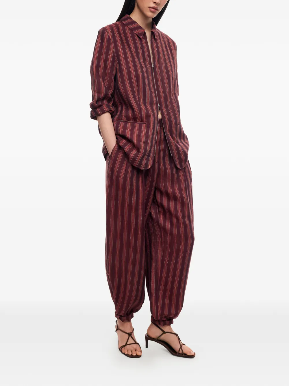12 STOREEZ Sorbet gestreepte linnen broek Rood