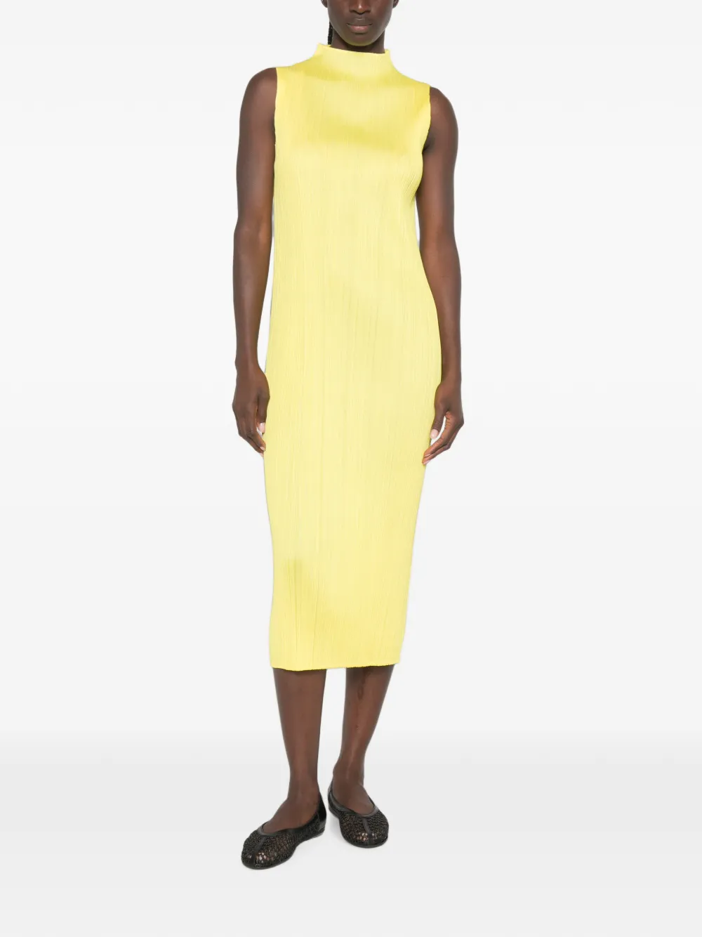 Pleats Please Issey Miyake Geplooide mouwloze midi-jurk Geel