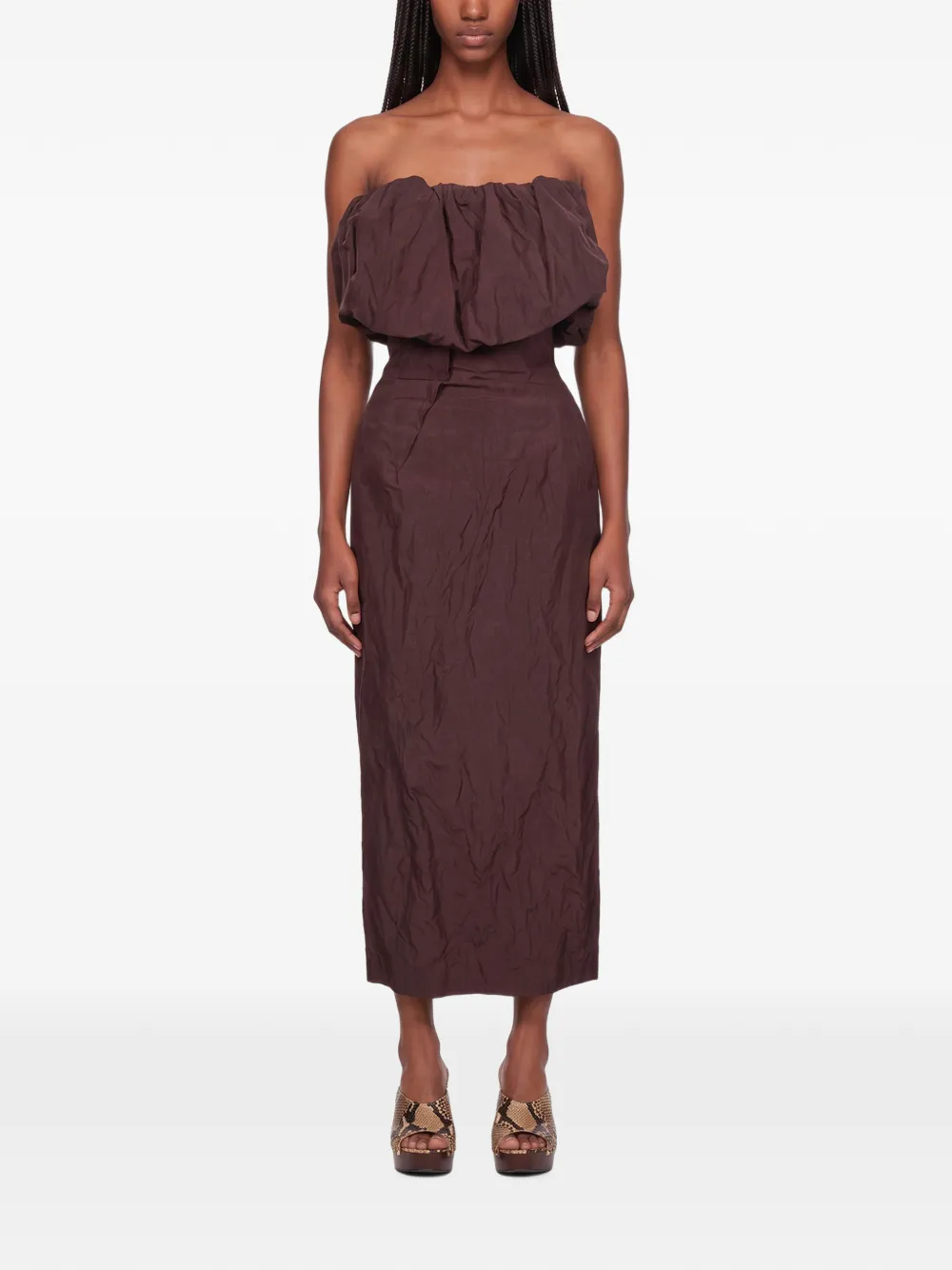 Magda Butrym strapless ruffled-bodice midi dress - Braun