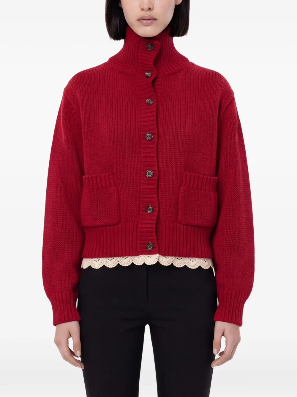 Magda Butrym Crochet-trim Ribbed-knit Cardigan in Red, view 3
