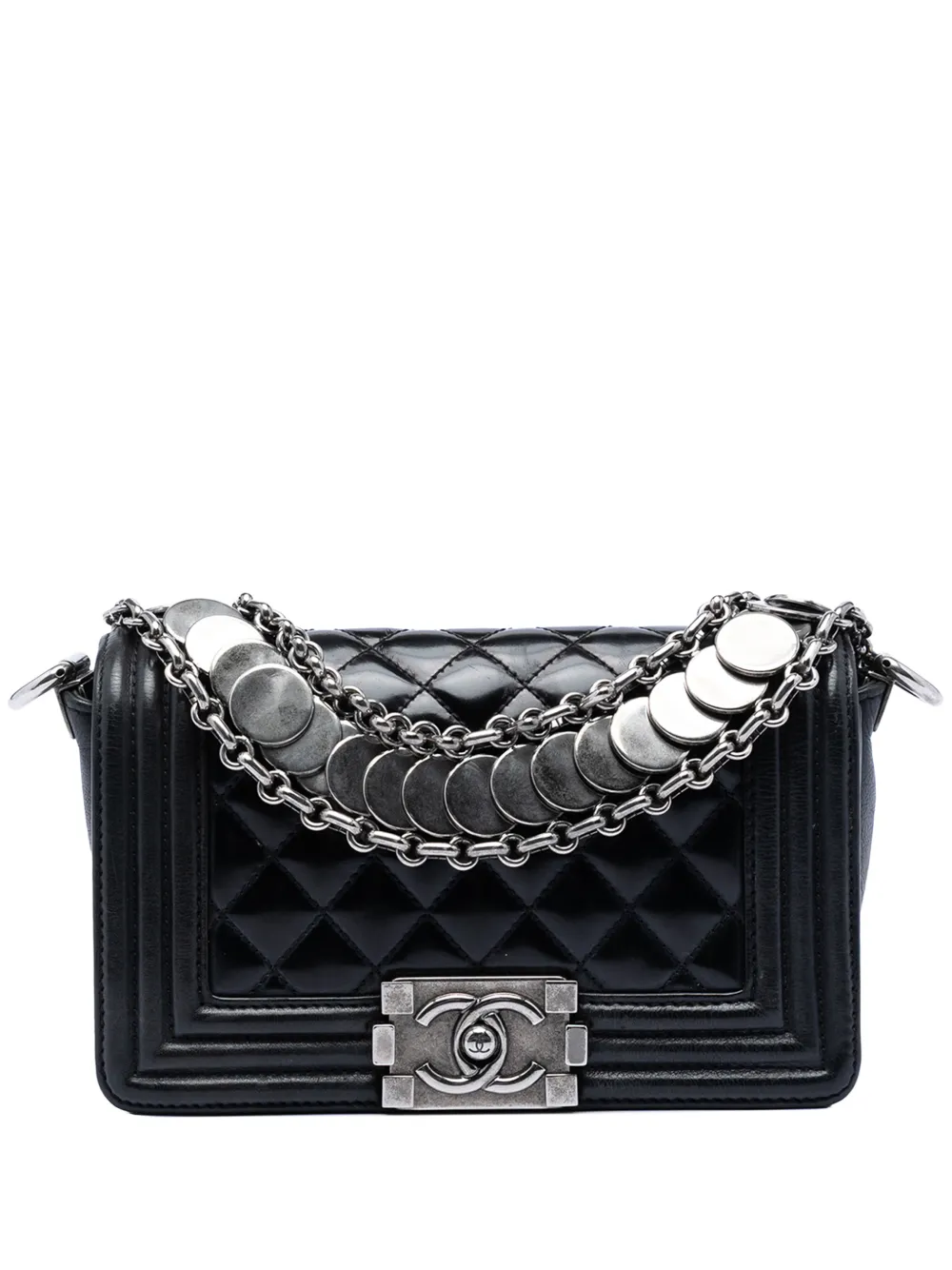 CHANEL Pre-Owned 2012 Paris Bombay Small Quilted Patent Medallion Embellished Boy Flap satchel - Nero