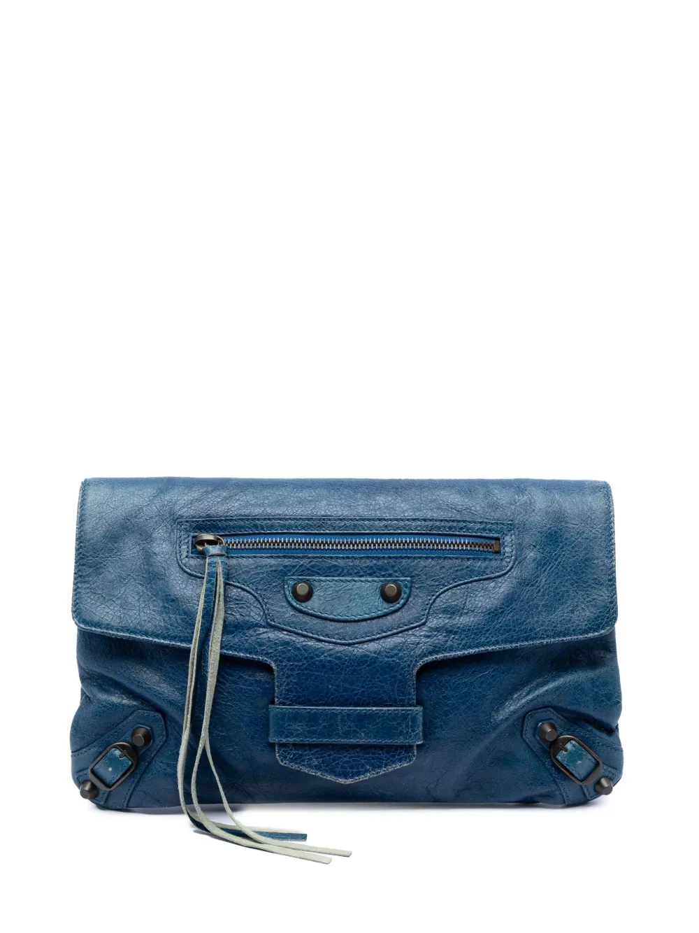 Pre-owned Balenciaga 2016-2026 Lambskin Motocross Classic Envelope Clutch Bag In Blue
