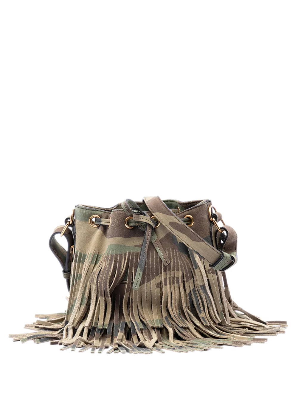 Saint Laurent Pre-Owned 2016 Small Camouflage Print Suede Emmanuelle Fringe bucket bag - Brown