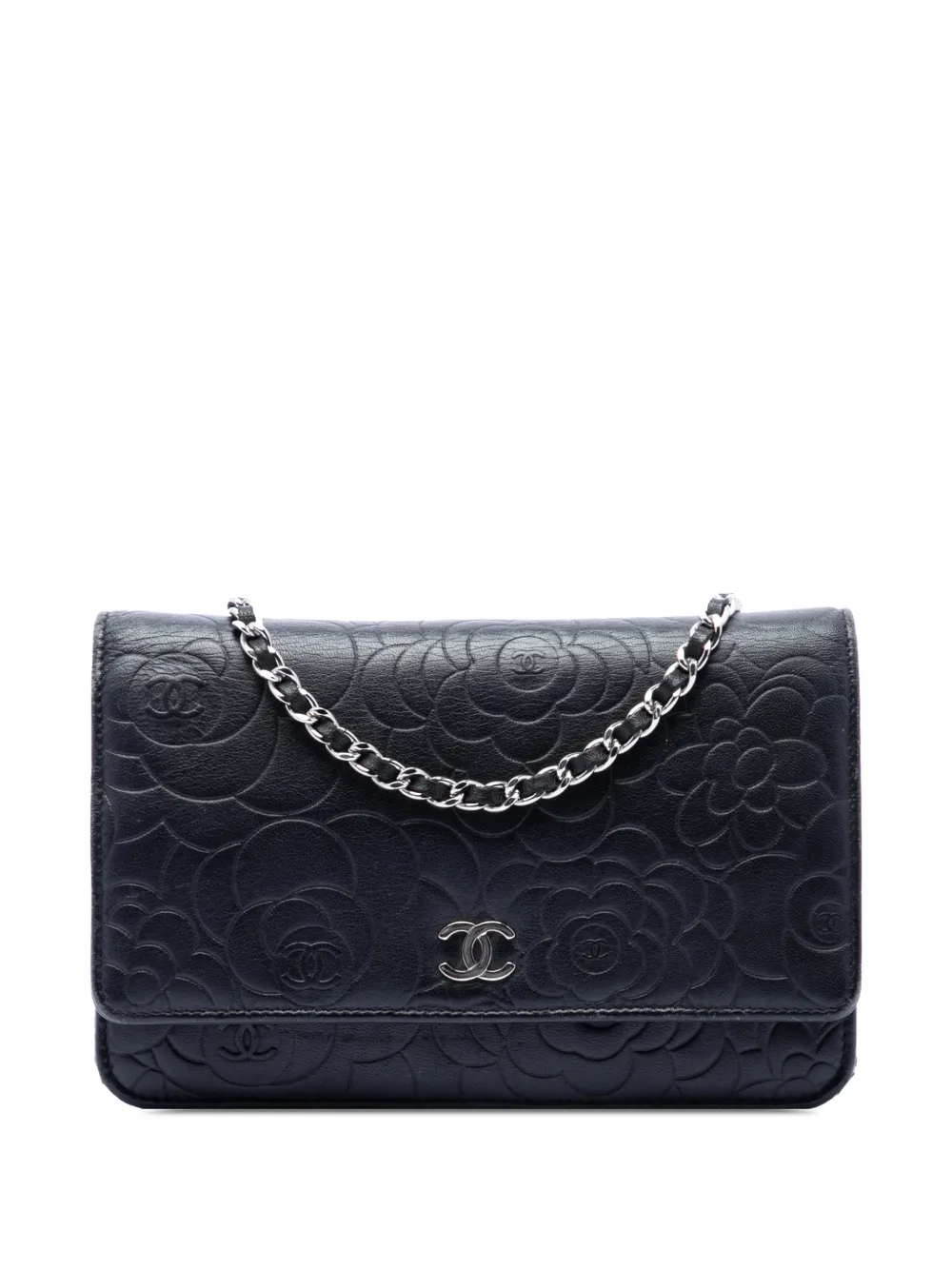 CHANEL Pre-Owned 2014 CC Embossed Lambskin Camellia Wallet On Chain crossbody bag - Black