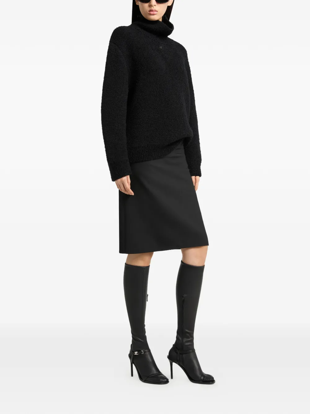 Courrèges Bouclé-knit Button-detail Sweater in Black, view 3