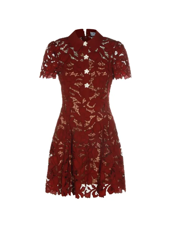 self portrait red floral mini dress Self-Portrait guipure-lace floral-button Mini Dress | Red