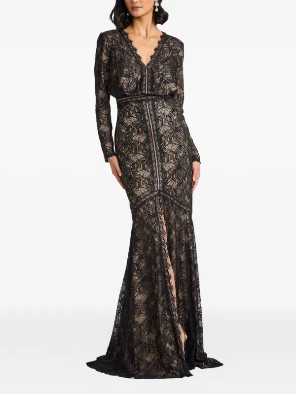 Tadashi Shoji Floral Lace Gown, Black/Nude, Women's, 10
