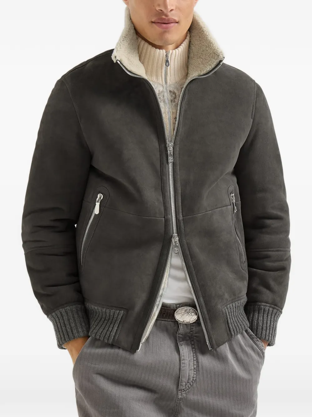 Brunello Cucinelli Geribbeld jack met lammy afwerking Grijs