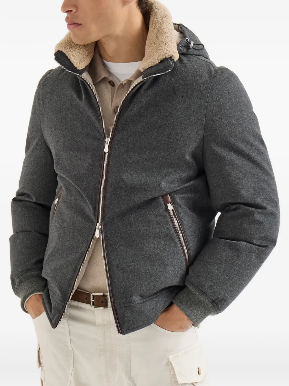 Brunello Cucinelli Wollen flanellen donsjack met afneembare capuchon Grijs