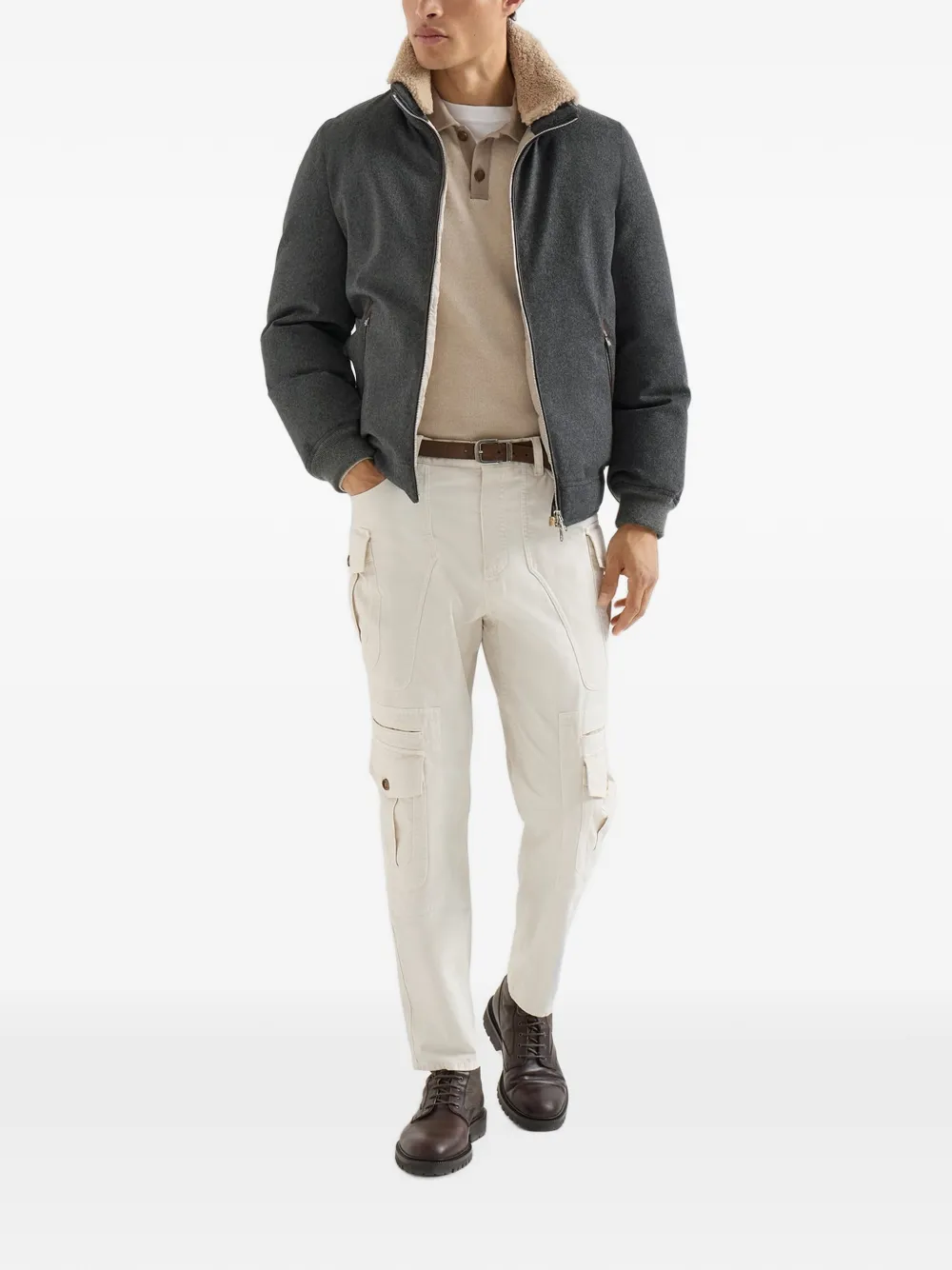 Brunello Cucinelli Wollen flanellen donsjack met afneembare capuchon Grijs