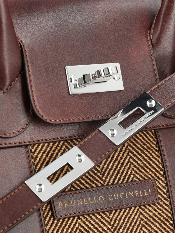 Brunello Cucinelli herringbone-pattern leather-trim Messenger Bag