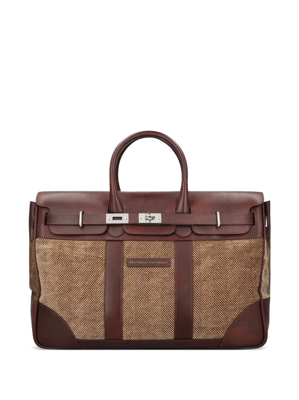 Brunello Cucinelli herringbone-pattern leather-trim messenger bag - Marrone